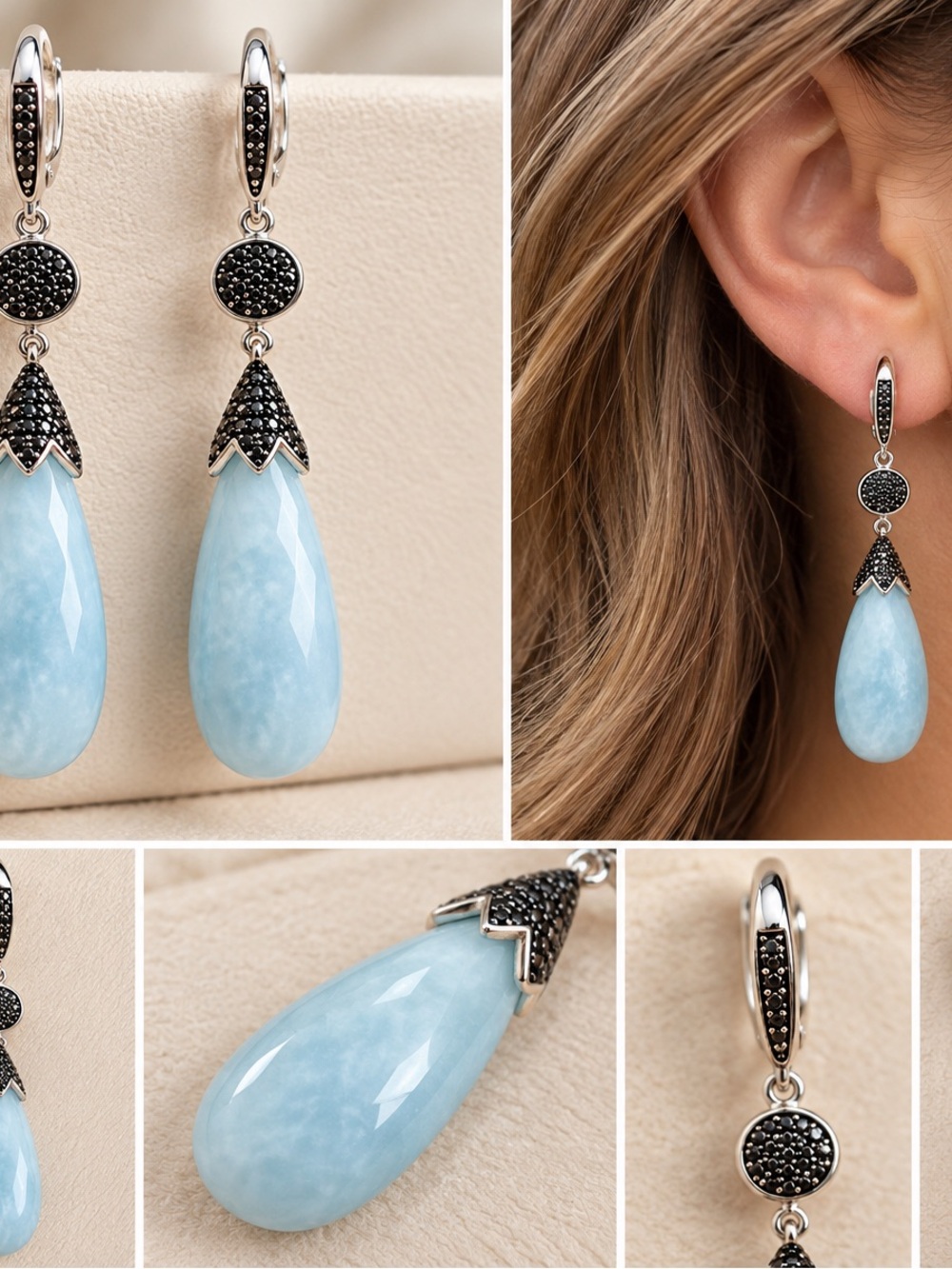 Gem Treasures 35ct Aquamarine Black Spinel 925 Sterling Silver Drop Earrings